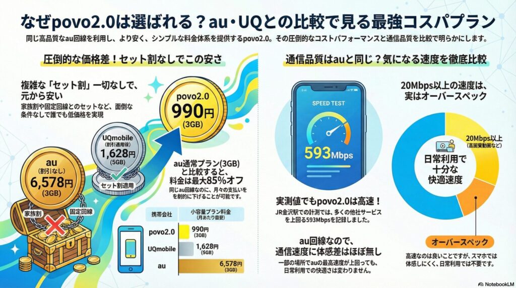 povo2.0とau・UQ mobileを比較したコストパフォーマンス解説画像。「セット割」なしでも3GB 990円という安さを強調し、au通常プラン(3GB 6,578円)と比較して最大85%オフになることを説明。通信品質の比較では、JR金沢駅での実測値593Mbpsを記録したことを示し、20Mbps以上はスマホ利用においてオーバースペックであるという見解と共に、au同等の快適さをアピールしている。