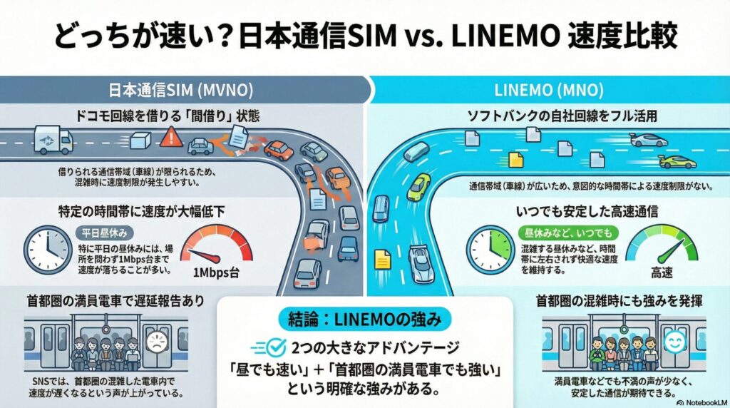 「どっちが速い?日本通信SIM vs. LINEMO 速度比較」と題された解説画像。左側の日本通信SIM(MVNO)はドコモ回線を借りる「間借り」状態で通信帯域が限られるため、平日昼休みなどの混雑時に1Mbps台まで速度が大幅低下する仕組みが道路の渋滞に例えて描かれています。対して右側のLINEMO(MNO)はソフトバンクの自社回線をフル活用し、昼休みでも意図的な速度制限がなくいつでも安定した高速通信を維持できることが、空いた道路を走るスポーツカーで表現されています。結論として、LINEMOには「昼でも速い」+「首都圏の満員電車でも強い」という2つの明確なアドバンテージがあることがまとめられています。