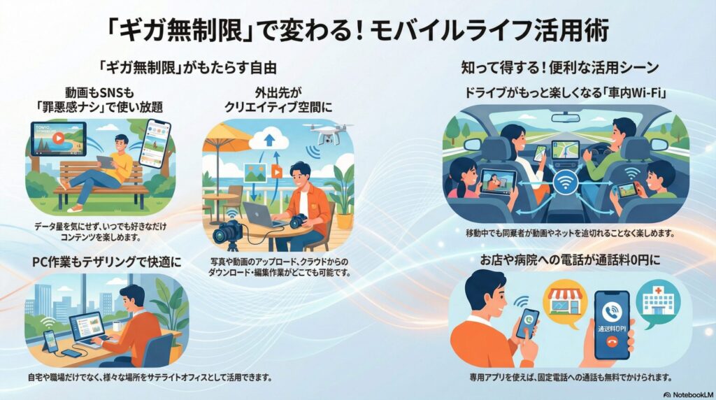 「ギガ無制限」で変わるモバイルライフ活用術の解説イラスト。動画やSNSを無制限に楽しむ様子、外出先での写真・動画アップロードやクラウド編集、テザリングによるPC作業、車内Wi-Fiによるドライブ中のエンタメ利用、専用アプリによる通話料無料など、データ通信無制限がもたらす5つの便利な活用シーンをまとめたインフォグラフィック。