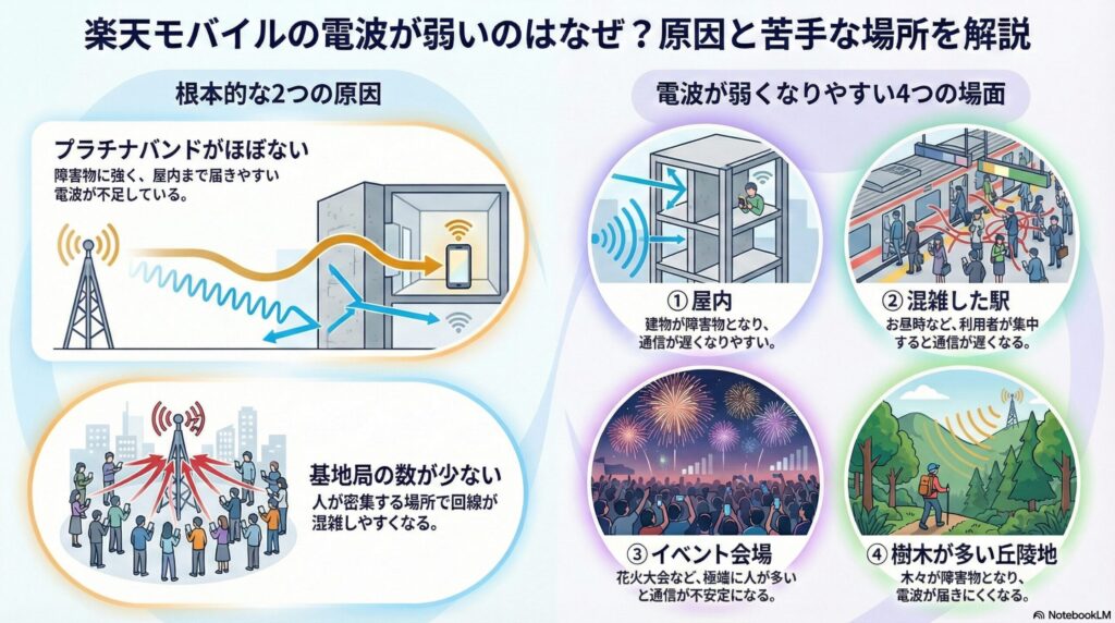 楽天モバイルの電波が弱い原因と苦手な場所を解説する図解画像。根本的な2つの原因として「プラチナバンドがほぼない(障害物に弱い)」「基地局の数が少ない(混雑しやすい)」を挙げ、電波が弱くなりやすい4つの具体的な場面として「(1)屋内」「(2)混雑した駅」「(3)イベント会場」「(4)樹木が多い丘陵地」をイラスト付きで説明。電波の届きにくさや通信不安定化のメカニズムを視覚的にまとめた解説用画像