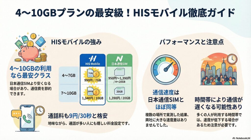 「4〜10GBプランの最安級!HISモバイル徹底ガイド」と題した解説イラスト。HISモバイルの強みとして、7GBで990円、10GBで1,340円という日本通信SIMより安くなる料金設定や、30秒9円の格安な通話料を紹介。パフォーマンス面では日本通信SIMとほぼ同等である一方、混雑時間帯の速度低下に注意が必要な点などをまとめたインフォグラフィック。