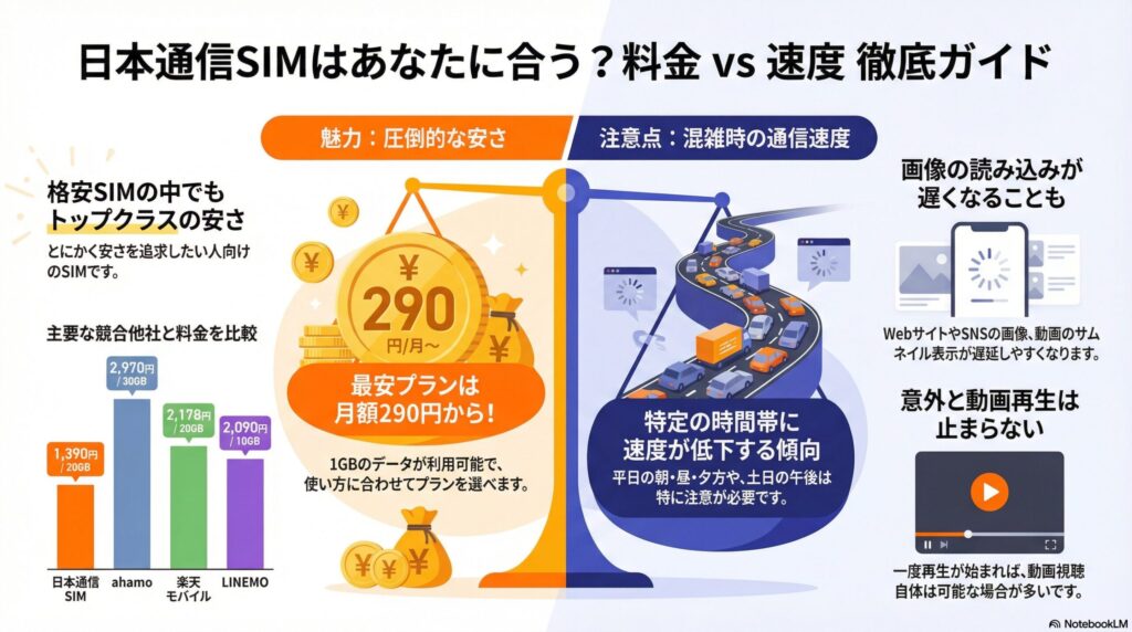 日本通信SIMの料金比較と通信速度の傾向をまとめたインフォグラフィック画像。左側には他社との料金比較グラフがあり、日本通信SIMは20GBで1,390円と、ahamo(30GB/2,970円)、楽天モバイル(20GB/2,178円)、LINEMO(10GB/2,090円)と比較して安さが際立っている。中央には「最安プランは月額290円から!」と強調された天秤のイラストがあり、圧倒的な安さと混雑時の速度低下という注意点が対比されている。右側には速度に関する詳細があり、平日の朝・昼・夕方や土日の午後は速度が低下しやすく、画像の読み込みに遅延が生じる可能性がある一方で、一度再生が始まれば動画視聴自体は可能な場合が多いことが説明されている。