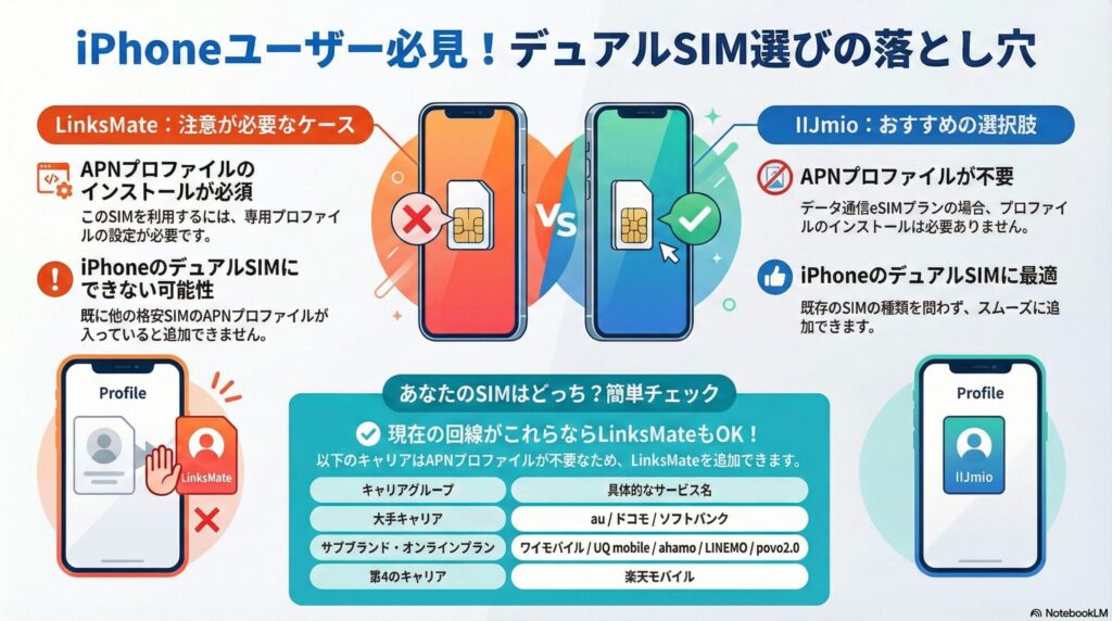 iPhoneでのデュアルSIM利用におけるAPNプロファイルの注意点を解説した図解。左側には「LinksMate:注意が必要なケース」として、専用プロファイルのインストールが必須であり、他の格安SIMのプロファイルが既にあると併用できないリスクが示されている。右側には「IIJmio:おすすめの選択肢」として、データ通信eSIMプランならプロファイル不要でスムーズに追加できるメリットが記載されている。中央下部には「あなたのSIMはどっち?簡単チェック」という表があり、大手キャリア(au/ドコモ/ソフトバンク)、サブブランド・オンラインプラン(ワイモバイル/UQ mobile/ahamo/LINEMO/povo2.0)、第4のキャリア(楽天モバイル)を利用中の場合はプロファイルが不要なため、LinksMateも追加可能であることが整理されている。