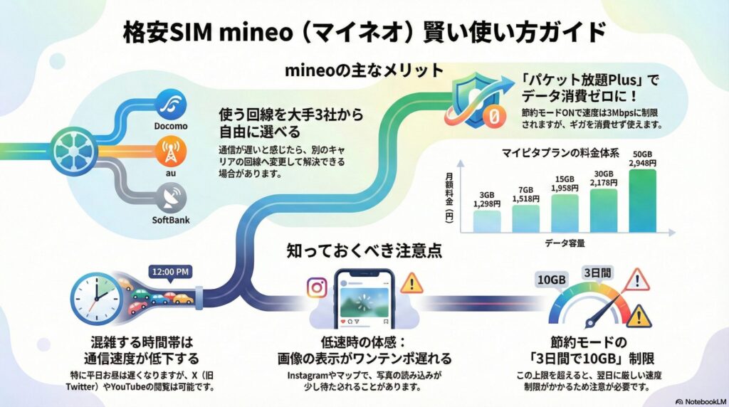 「格安SIM mineo(マイネオ)賢い使い方ガイド」と題されたインフォグラフィック画像。
mineoの主なメリット:
回線選択: Docomo、au、SoftBankの大手3社から回線を自由に選べる点が示されている。
パケット放題Plus: 節約モードONで最大速度が1.5Mbpsに制限される代わりに、データ消費がゼロになるサービス。画像内では「速度は3Mbpsに制限」と一部表記の揺れがあるが、ギガを消費しないメリットが強調されている。
マイピタプランの料金体系: データ容量ごとの月額料金が棒グラフで示されている。
1GB: 1,298円
5GB: 1,518円
10GB: 1,958円
20GB: 2,178円
最上段には50GB 2,948円の表記もあり、容量が増えるほどお得になる体系が可視化されている。
知っておくべき注意点:
混雑時間帯: 12:00 PM(お昼時)は通信速度が低下する傾向があるが、XやYouTubeの閲覧は可能であると説明。
低速時の体感: Instagramやマップで画像表示がワンテンポ遅れる可能性をスマホ画面の読み込みアイコンで表現。
節約モードの制限: 節約モード中であっても「3日間で10GB」の制限を超えると、翌日に厳しい速度制限がかかることがスピードメーターのイラストで注意喚起されている。