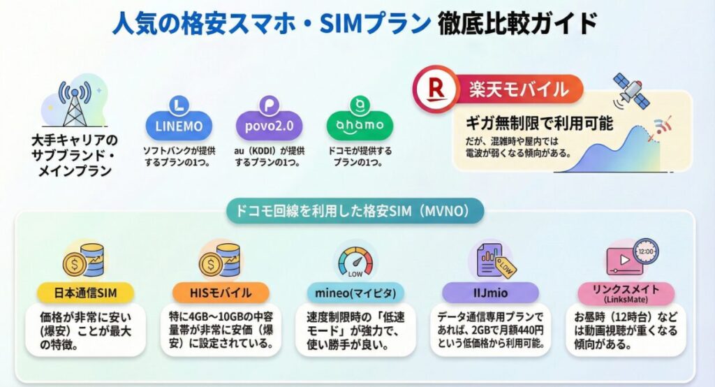 人気の格安スマホ・SIMプラン徹底比較ガイドの画像。

大手キャリアのサブブランド・メインプランとして、ソフトバンク提供の「LINEMO」、au（KDDI）提供の「povo2.0」、ドコモ提供の「ahamo」を紹介。楽天モバイルは「ギガ無制限で利用可能」だが混雑時や屋内で電波が弱くなる傾向がある。

ドコモ回線を利用した格安SIM（MVNO）5社の特徴は以下の通り。
・日本通信SIM：価格が非常に安い（爆安）ことが最大の特徴。
・HISモバイル：特に4GB〜10GBの中容量帯が非常に安価（爆安）に設定されている。
・mineo（マイピタ）：速度制限時の「低速モード」が強力で使い勝手が良い。
・IIJmio：データ通信専用プランであれば、2GBで月額440円という低価格から利用可能。
・リンクスメイト（LinksMate）：お昼時（12時台）などは動画視聴が重くなる傾向がある。