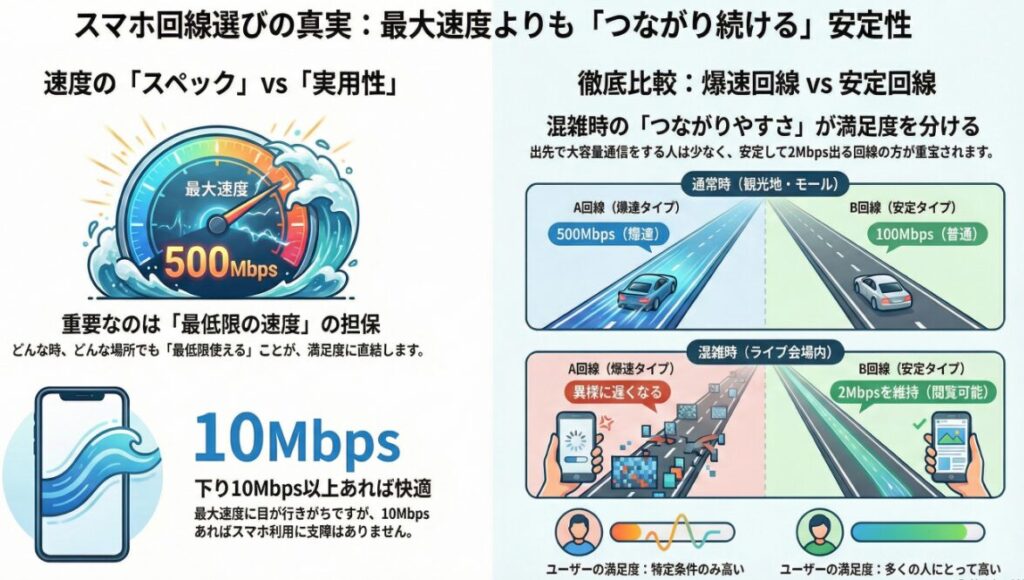 スマホ回線選びの真実：最大速度より「つながり続ける」安定性が重要な理由を解説した画像。

上部では速度の「理想」と「現実」を比較。理想として追い求めがちな「最大速度 500Mbps以上」に対し、現実的には「10Mbps」あれば動画視聴やSNS、Web閲覧に支障はなく快適に利用できることを示している。

中央のシチュエーション比較では、A回線とB回線の違いを数値で提示。
・A回線（爆速だが場所を選ぶ）：観光地やモールでは「500Mbps以上」と非常に速いが、人が密集するライブ会場などでは「極端に低速」になる。
・B回線（普通だが常に安定）：通常時は「100Mbps程度」だが、混雑した会場内でも「2Mbps」を維持し、ネット閲覧が継続可能。

下部では「通信の人権」と「2Mbpsがもたらす『普通』の価値」を説明。極限状態でも「2Mbps」が出ていれば、地図の確認、メッセージ送受信、ニュース閲覧、スケジュール確認などの基本的な操作を「普通」に行うことができ、最終的なユーザーの満足度は、最低限の速度が担保されているB回線の方が高くなるという結論をまとめている。