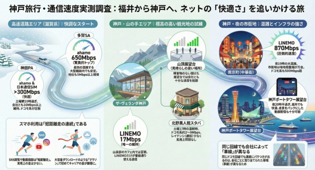 「神戸旅行・通信速度実測調査」の旅の行程と結果をまとめたインフォグラフィック画像。福井から神戸へ向かう道中から現地の観光スポットまで、場所ごとの通信状況がイラストと共に解説されています。

高速道路エリアでは、土曜朝10時過ぎの神田PAでahamoと日本通信SIMが300Mbps以上、多賀SAではahamoが驚異の650Mbpsを記録。神戸・山の手エリアの「ザ・ヴェランダ神戸」ではLINEMOが17Mbpsで唯一維持、北野異人館スタバでは土曜17時の混雑時にドコモ系が2〜9Mbpsとなるなど、標高や場所による特性が示されています。神戸・夜の市街地では、19時の南京町（中華街）でLINEMOが870Mbps、ドコモ系も500Mbps超とインフラの強さを発揮。20時半過ぎの神戸ポートタワー展望台でも高所ながら快適な速度を維持しています。画像下部では「スマホ利用は短距離走の連続である」「同じ回線でも会社によって車線（帯域）が異なる」といった実測に基づく考察が添えられています。