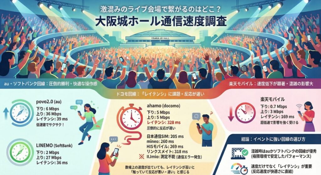 「激混みのライブ会場で繋がるのはどこ？ 大阪城ホール通信速度調査」の結果をまとめたインフォグラフィック画像。ライブ開催中の極限状態における各キャリアのパフォーマンスが、数値と専門的な視点（レイテンシ）で解説されています。

混雑に強い回線として、povo2.0（au）が下り6Mbps・上り36Mbps・レイテンシ39ms、LINEMO（SoftBank）が下り2Mbps・上り27Mbps・レイテンシ36msを記録し、「圧倒的勝利・快適な操作感」と評価されています。一方でドコモ回線は「レイテンシに課題」があるとされ、ahamoは下り5Mbps出ているものの、レイテンシが328msと非常に高く、反応が圧倒的に遅いことが示されています。その他のMVNOも日本通信SIM（205ms）、mineo（260ms）、HISモバイル（269ms）、リンクスメイト（318ms）と軒並み反応が遅く、IIJmioにいたっては通信エラーで測定不能となっています。楽天モバイルは下り0.7Mbpsと速度低下が顕著です。

結論として、イベント等の混雑時はauやソフトバンク回線が優秀であること、そして快適さには速度だけでなく「レイテンシ（反応速度）」が重要であるという、実測データに基づいた深い洞察がまとめられています。

ライブ会場での「速度数値は出ているのに繋がらない」という謎を、レイテンシの視点で解明した非常に説得力のあるデータ