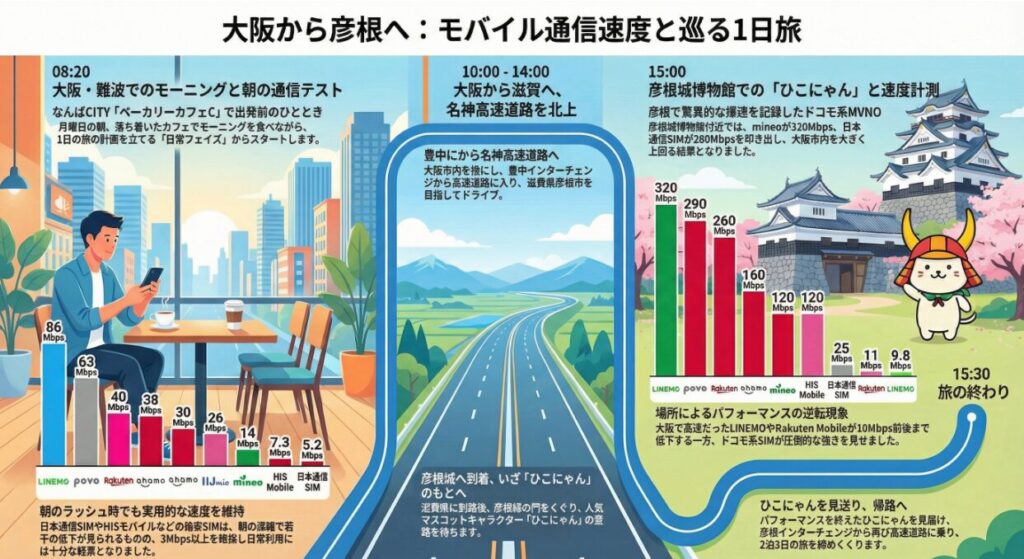 大阪から彦根への1日旅における、各地点でのモバイル通信速度（下りMbps）の計測結果をまとめたインフォグラフィック画像です。

画像は大きく3つのセクションに分かれており、時系列に沿った詳細な数値データが記載されています。

1. 08:20 大阪・難波（なんばCITY内カフェ）
朝のラッシュ時における計測結果です。

LINEMO: 86Mbps

povo: 63Mbps

Rakuten: 40Mbps

ahamo（2箇所平均）: 38Mbps / 30Mbps

IIJmio: 26Mbps

mineo: 14Mbps

HIS Mobile: 7.3Mbps

日本通信SIM: 5.2Mbps
格安SIM勢は若干の低下が見られるものの、全キャリア3Mbps以上を維持し、日常利用には十分な速度を記録しています。

2. 10:00 - 14:00 大阪から滋賀へ移動
名神高速道路を北上し、豊中インターチェンジから滋賀県彦根市へ向かうドライブ中の様子が描かれています。

3. 15:00 彦根城博物館付近（ひこにゃんとの速度計測）
大阪市内とは対照的に、ドコモ系MVNOが驚異的な数値を記録したセクションです。

mineo: 320Mbps

日本通信SIM: 290Mbps

HIS Mobile: 260Mbps

ahamo: 160Mbps

povo: 120Mbps

Rakuten: 120Mbps

Rakuten（別地点）: 25Mbps

LINEMO: 11Mbps

日本通信SIM（別地点）: 9.8Mbps

このセクションでは「場所によるパフォーマンスの逆転現象」が強調されており、大阪で高速だったLINEMOやRakuten Mobileが10Mbps前後まで低下する一方で、ドコモ系SIMが圧倒的な強さを見せた一次情報データとなっています。

旅の終わりとして、15:30に彦根インターチェンジから再び高速道路に乗り、2泊3日の旅を締めくくる様子で構成されています。