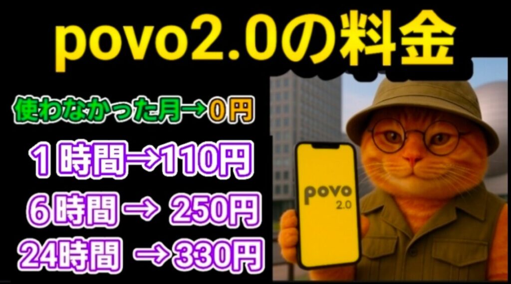「povo2.0の料金」と題された、サービス内容と料金プランを説明する画像。左側の黒い背景には具体的な料金設定がリストアップされており、「使わなかった月→0円」「1時間→110円」「6時間→250円」「24時間→330円」と、利用時間に応じた低価格な料金体系が数値で示されています。右側には、帽子と眼鏡を着用した猫のキャラクターが「povo 2.0」のロゴが表示されたスマートフォンを手に持っているイラストが配置されています。