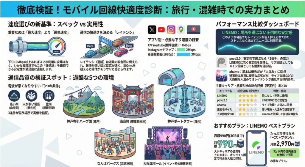 「徹底検証！モバイル回線快適度診断：旅行・混雑時での実力まとめ」と題されたインフォグラフィック。画像内には以下の詳細データが記載されています。

・速度選びの新基準：下り10Mbps以上を「最低速度」の目安とし、レイテンシ（遅延）については300msを超えると操作にモタつきを感じると定義。
・アプリ別必要下り速度の目安：XやYouTube（標準画質）は1Mbps、Instagramやマップは2Mbps、高画質動画(1080p)は3Mbpsと設定。
・通信品質の検証スポット：電波が悪くなりやすい「高い所（山岳部）」「人が多い場所（観光地）」「室内（閉鎖空間）」の3条件が揃う場所として、神戸布引ハーブ園、南京町、神戸ポートタワー、なんばパークス、大阪城ホール（イベント時）の5地点で検証。
・パフォーマンス比較：LINEMOが「場所を選ばない圧倒的な安定感」で総合評価星5つ、povo2.0が「安定性で選ぶなら2番手」で星4つ、ahamoが「人混みに弱点」で星3つ、楽天モバイルが「高い場所・人混みで速度低下」で星2つ、その他格安SIMが星1つという検証結果を一覧表で掲載。
・おすすめプラン：LINEMOのベストプランとして、3GBまで月額990円、10GBまで月額2,970円（3分以内の国内通話無料付帯）という具体的な料金数値を提示。