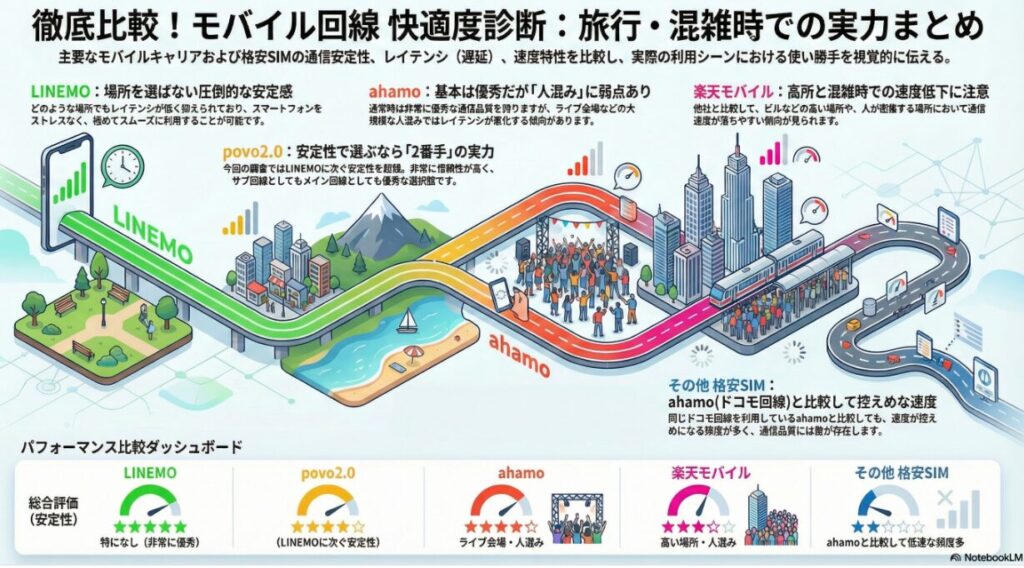 徹底比較！モバイル回線快適度診断：旅行・混雑時での実力まとめ。主要キャリアの安定性、レイテンシ、速度特性を比較したインフォグラフィック。

パフォーマンス比較ダッシュボード（総合評価・安定性）の数値データ：

1. LINEMO：星5つ（非常に優秀）。「特になし（非常に優秀）」と評され、場所を選ばない圧倒的な安定感と低いレイテンシが特徴。
2. povo2.0：星4つ（LINEMOに次ぐ安定性）。非常に信頼性が高く、サブ回線・メイン回線共に優秀な「2番手」の実力。
3. ahamo：星3つ（ライブ会場・人混み）。通常時は優秀だが、大規模な混雑地ではレイテンシが悪化する弱点あり。
4. 楽天モバイル：星2つ（高い場所・人混み）。他社と比較して、高層ビルや人が密集する場所での速度低下が顕著。
5. その他格安SIM：星1つ（ahamoと比較して低速な頻度多）。同じドコモ回線のahamoと比較しても速度が控えめになる頻度が多く、通信品質に差が存在する。

画像中央には、LINEMOが平坦でスムーズな道、ahamoがライブ会場の混雑で蛇行する道、楽天モバイルが高層ビル群や電車内を通る道として、利用シーン別の快適度が視覚化されている。