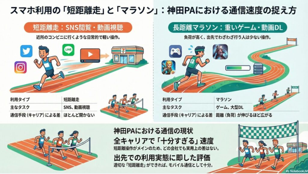 スマホ利用を「短距離走」と「マラソン」に例えて解説した、神田PA（パーキングエリア）における通信速度の捉え方に関するインフォグラフィック画像。

画像は左右に分かれており、左側は「短距離走：SNS閲覧・動画視聴」について説明しています。

* **利用タイプ：** 短距離走
* **主なタスク：** SNS（X、Instagram、LINE）、動画視聴（YouTube）
* **通信手段（キャリア）による差：** ほとんど開かない
* **解説：** 近所のコンビニに行くような日常的で軽い操作であれば、どのキャリアでも実用上の差が出にくいことを、走るランナーとコンビニのイラストで表現しています。

右側は「長距離マラソン：重いゲーム・動画DL」について説明しています。

* **利用タイプ：** マラソン
* **主なタスク：** ゲーム、大型DL（ダウンロード）
* **通信手段（キャリア）による差：** 距離（負荷）が伸びるほど広がる
* **解説：** 負荷が高く、出先でわざわざ行う人が少ない操作。通信の負担が大きくなるほど、キャリアごとの品質差が顕著になることを、長く曲がりくねったトラックを走るランナーのイラストで表現しています。

下部には全体のまとめとして、「神田PAにおける通信の現状」が記載されています。

* **全キャリアで「十分すぎる」速度：** 短距離操作がメインのため、どの会社でも実用上の差はない。
* **出先での利用実態に即した評価：** 適切な「短距離走」ができれば、モバイル通信として十分。

全体として、速度の数値そのものよりも、PA（外出先）での実際の利用シーンに基づいた「体感的な満足度」を重視した評価内容となっています。