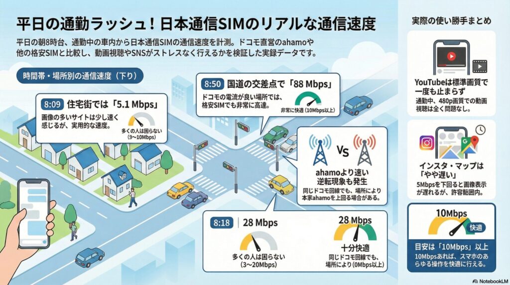 平日の通勤ラッシュにおける日本通信SIMの通信速度実測データ。時間帯と場所別の計測結果では、8:09の住宅街で5.1Mbps、8:18の地点で28Mbps、8:50の国道の交差点で88Mbpsを記録しており、場所によっては本家ahamoを上回る逆転現象も発生している。実際の使い勝手として、YouTubeは480p画質で止まらず視聴可能だが、5Mbpsを下回る地点ではインスタやマップの画像表示がやや遅れるといったリアルな検証結果をまとめている。