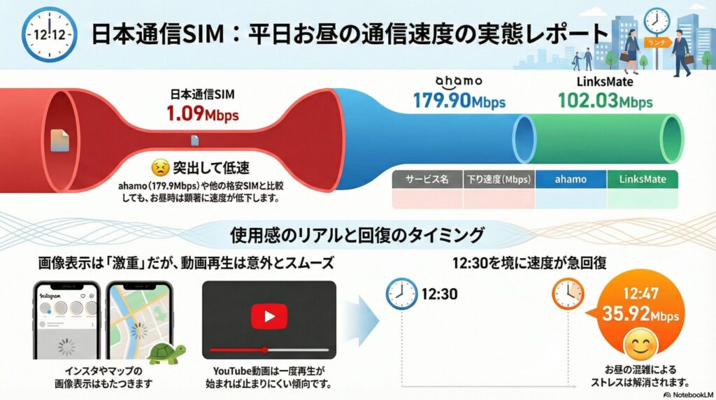 日本通信SIM：平日お昼の通信速度の実態レポート。12:12時点の計測データでは、日本通信SIMは1.09Mbpsと突出して低速であり、ahamoの179.90MbpsやLinksMateの102.03Mbpsと比較して顕著な速度低下を示している。使用感としてインスタやマップの画像表示はもたつくが、YouTube動画は一度再生が始まれば止まりにくい傾向がある。12:30を境に速度が回復し始め、12:47には35.92Mbpsを記録して混雑によるストレスが解消される様子を解説している。