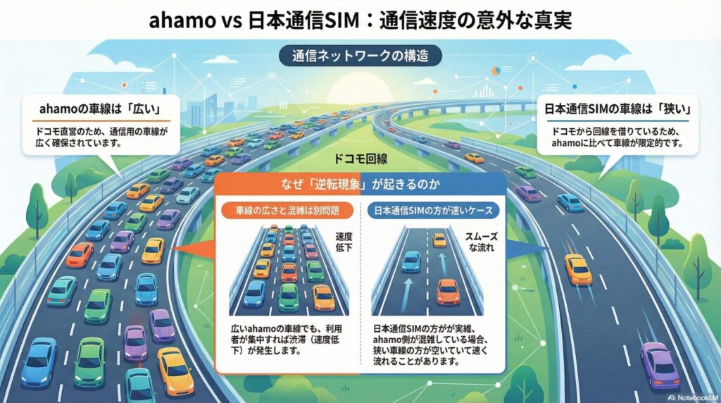 ahamoと日本通信SIMの通信速度の構造を高速道路の車線に例えた比較図です。

タイトルは「ahamo vs 日本通信SIM：通信速度の意外な真実」となっており、ドコモ回線における通信ネットワークの構造を解説しています。

左側にはahamoのイメージがあり、「ahamoの車線は『広い』」と説明されています。ドコモ直営のため通信用の車線が広く確保されていますが、イラストでは多くの車（ユーザー）が密集して渋滞している様子が描かれ、「広いahamoの車線でも、利用者が集中すれば渋滞（速度低下）が発生します」と注釈があります。

右側には日本通信SIMのイメージがあり、「日本通信SIMの車線は『狭い』」と説明されています。ドコモから回線を借りているため車線は限定的ですが、イラストでは車が少なくスムーズに流れる様子が描かれ、「日本通信SIMの方が実は空いていて、ahamo側が混雑している場合、狭い車線の方が速く流れることがあります」と「逆転現象」の理由が解説されています。

中央のオレンジ色の枠内では、「なぜ『逆転現象』が起きるのか」という問いに対し、車線の広さと混雑は別問題であることを視覚的に示しています。