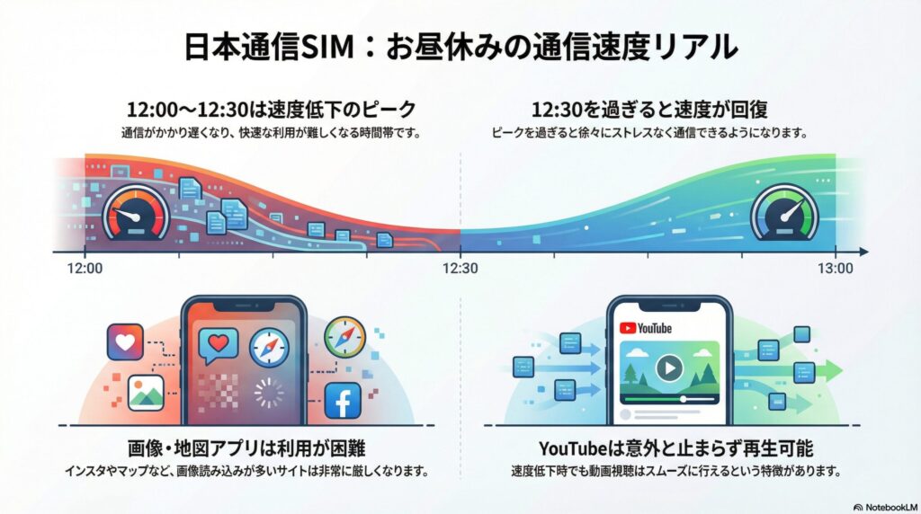 日本通信SIMのお昼休み（12:00〜13:00）における通信速度の実態を解説したインフォグラフィックです。

上部には12:00から13:00までの時間経過に伴う速度変化のグラフがあり、「12:00〜12:30は速度低下のピーク」として、通信が非常に遅くなり快適な利用が難しくなることが示されています。一方、「12:30を過ぎると速度が回復」し、徐々にストレスなく通信できるようになる様子が描かれています。

下部では具体的な利用シーンへの影響がまとめられています。左側には「画像・地図アプリは利用が困難」とあり、インスタグラムやマップなど画像読み込みが多いサービスは非常に厳しくなることが説明されています。右側には「YouTubeは意外と止まらず再生可能」とあり、速度低下時でも動画視聴はスムーズに行えるという日本通信SIM特有の計測データに基づいた特徴が示されています。