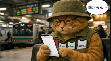 駅のホームで、帽子とメガネをかけた茶トラ猫が困り顔でスマートフォンを操作しているイラスト。猫の吹き出しには「繋がらん…」と書かれており、スマートフォンの画面は読み込み中のまま止まっています。猫の服のポケットには、IIJmio、mineo、povo2.0といった格安SIMブランドのロゴが入った複数の端末が差し込まれており、混雑した場所での通信速度や繋がりやすさを検証している様子を表現しています。背景には停車中の電車と駅の電光掲示板が映っています。