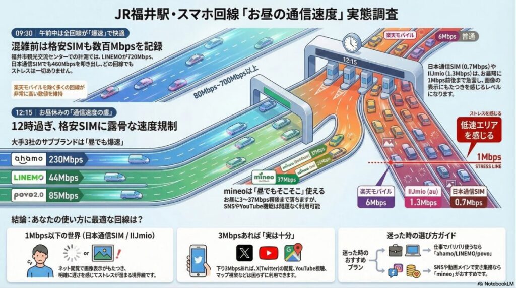 JR福井駅でのスマホ回線「お昼の通信速度」実態調査を道路の渋滞状況に例えたインフォグラフィック画像。
午前9:30時点では、全回線が数100Mbps(LINEMO 720Mbps、日本通信SIM 460Mbpsなど)を記録し、車がスムーズに流れる高速道路のように「爆速」で快適な状態です。
しかし、お昼休みの12:15になると、回線によって速度の差が顕著になります。
1. 「昼でも爆速」エリア:大手3社のサブブランド等は、ahamo(230Mbps)、povo2.0(85Mbps)、LINEMO(44Mbps)と高い数値を維持し、車線が青色で広くスムーズです。
2. 「そこそこ使える」エリア:mineo(37Mbps〜25Mbps)は、速度は落ちるものの、SNSやYouTube視聴に支障がない緑色の車線として描かれています。
3. 「低速エリア(1Mbps以下のストレスライン)」:楽天モバイル(6Mbps)は黄色信号、IIJmio(1.3Mbps)や日本通信SIM(0.7Mbps)は赤色の極端に狭い車線で、車が完全に渋滞している様子で表現されています。1Mbps以下はネット閲覧や画像表示に明確な遅延を感じる境界線として示されています。
下部には結論として、仕事でバリバリ使うなら「ahamo/LINEMO/povo」、SNSや動画メインなら「mineo」がおすすめであるという、計測データに基づいた選び方ガイドがまとめられています。