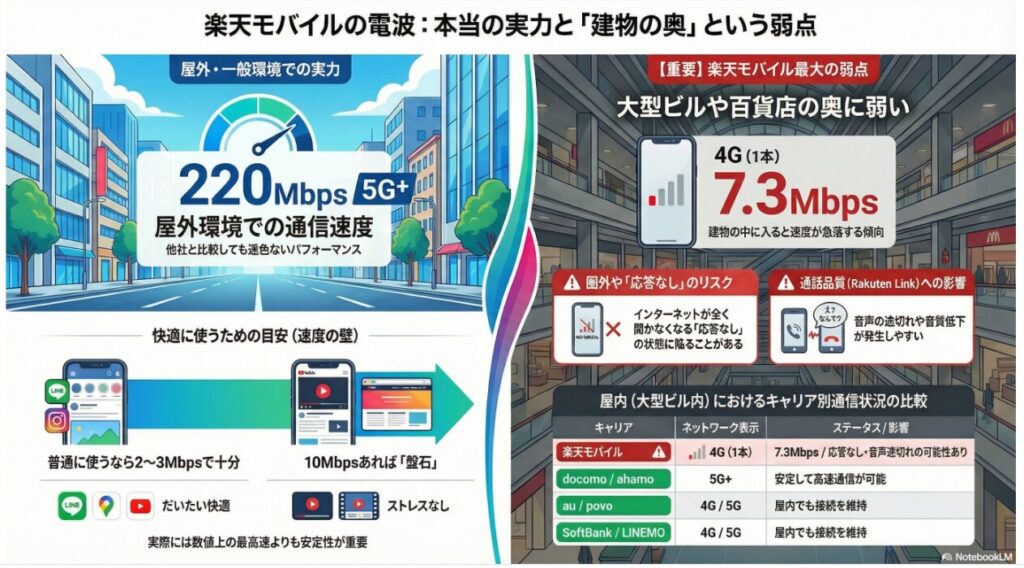 楽天モバイルの電波の実力と建物の奥での弱点を比較したインフォグラフィック。左側の「屋外・一般環境」では5G+接続で下り220Mbpsという他社に遜色ない高速通信を記録。一方で右側の「大型ビルや百貨店の奥」では4G接続でアンテナ1本となり、速度が7.3Mbpsまで急落する一次情報データを掲載。画像下部には、快適に使うための目安として「普通に使うなら2〜3Mbpsで十分、10Mbpsあれば盤石」という基準とともに、屋内では楽天モバイルのみが「応答なし」や「Rakuten Linkの音声途切れ」のリスクがあることを示すキャリア別比較表（docomo/ahamo、au/povo、SoftBank/LINEMOは屋内でも安定接続）が含まれている。