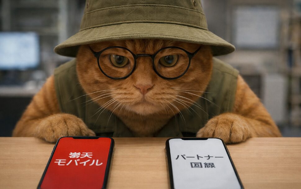 帽子を被りメガネをかけた茶トラ猫が、机の上に置かれた2台のスマートフォンを真剣な表情で見つめている様子。左側のスマートフォンの画面には赤背景に白文字で「楽天モバイル」、右側のスマートフォンの画面には白背景に黒文字で「パートナー回線」と表示されており、楽天モバイルの自社回線とパートナー回線（au回線）を比較・検証している状況を表現したイメージ画像。