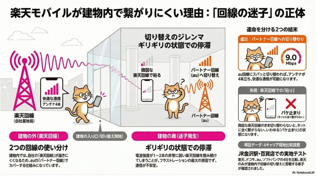 楽天モバイルが建物内で繋がりにくい理由を「回線の迷子」として解説したインフォグラフィック。屋外では楽天自社回線でアンテナ4本の快適な通信ができているが、建物内へ進むにつれて電波が弱まり、auパートナー回線への切り替えがスムーズにいかない「切り替えのジレンマ」が発生する様子を図解している。右側の検証データでは、パートナー回線への切り替えに成功した場合はアンテナ4本・速度9.0Mbpsで通信可能だが、微弱な楽天回線に執着して切り替わらない「失敗（パケ止まり）」のケースがあることを示している。下部にはJR金沢駅や百貨店での実地テストに基づき、楽天のみが建物内での回線切り替えに苦戦しているという一次情報データが記載されている。