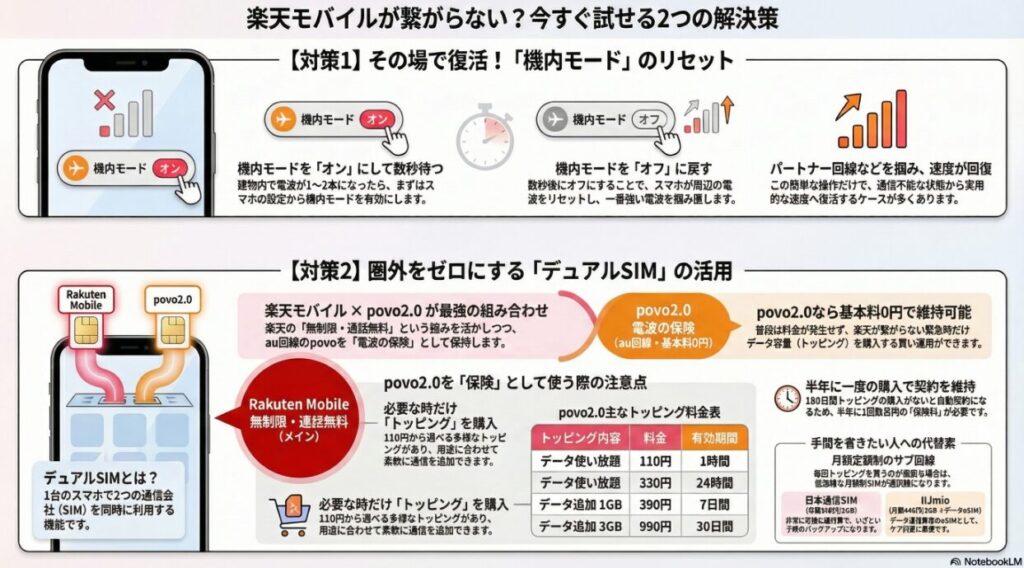 楽天モバイルが繋がらない時の解決策を2つ提示したインフォグラフィック。

【対策1】「機内モード」のリセット：建物内で電波が1〜2本になった際、機内モードを一度「オン」にして数秒待ち、再び「オフ」に戻すことで周囲の電波（パートナー回線など）を再検索し、通信速度を回復させる手順を図解。

【対策2】「デュアルSIM」の活用：楽天モバイルをメイン（無制限・通話無料）、povo2.0をサブ（au回線の電波の保険）として併用する方法を解説。povo2.0は基本料0円で維持でき、必要な時だけ「データ使い放題 1時間（110円）」「データ使い放題 24時間（330円）」「データ追加1GB 7日間（390円）」「データ追加3GB 30日間（990円）」などのトッピングを購入する具体的な料金プランも一次情報として掲載。また、半年間に一度の購入で契約を維持できる点や、月額定額制の代替案として日本通信SIMやIIJmioを紹介している。