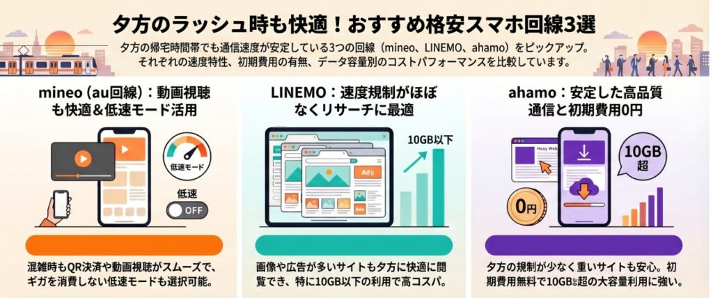 夕方のラッシュ時も快適!おすすめ格安スマホ回線3選の比較画像。夕方の帰宅時間帯でも通信速度が安定しているmineo、LINEMO、ahamoの3つの回線をピックアップし、それぞれの特徴を解説しています。
1. mineo(au回線):動画視聴も快適&低速モード活用。混雑時もQR決済や動画視聴がスムーズで、ギガを消費しない低速モードも選択可能。
2. LINEMO:速度規制がほぼなくリサーチに最適。画像や広告が多いサイトも夕方に快適に閲覧でき、特に10GB以下の利用で高コスパ。
3. ahamo:安定した高品質通信と初期費用0円。夕方の規制が少なく重いサイトも安心。初期費用無料で10GB超の大容量利用に強い。