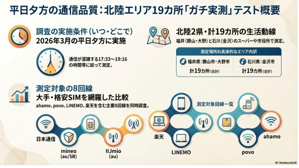 夕方の格安SIM比較調査の実施概要
実施時期:2026年3月の平日夕方(17:33〜19:16)
場所:福井県(勝山市・大野市)、石川県(金沢市)のスーパー・市役所・ホームセンターなど生活動線上の19カ所
対象:日本通信SIM・mineo(au)・mineo(SB)・IIJmio(au)・楽天モバイル・LINEMO・povo2.0・ahamo の計8回線