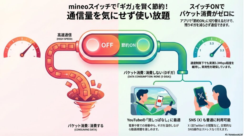 mineoの専用アプリ機能「mineoスイッチ」によるデータ通信量節約の仕組みと実際の使用感を解説した図解画像。スイッチが「OFF」の状態(左側)では高速通信が可能ですがパケット(データ容量)を消費します。一方、スイッチを「節約ON」に切り替えた状態(右側)では、パケット消費が完全に「0ギガ(消費しない)」になることが示されています。注目すべき数値データとして、節約ON時の速度制限下においても筆者の実測値に基づく「3.3Mbps」という速度を維持するメーターが描かれています。この実測3.3Mbpsの通信環境により、データ容量(ギガ)を一切消費することなく、車や電車での移動中にYouTube動画を「流しっぱなし」で視聴したり、X(旧Twitter)などのSNSを日常的にストレスなく利用できたりするという、具体的なメリットがイラスト付きで解説されています。