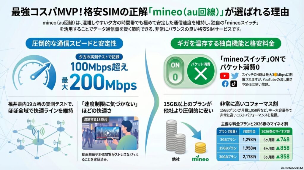 格安SIM「mineo(au回線)」が選ばれる理由と独自の実測データをまとめた図解画像。左側の「圧倒的な通信スピードと安定性」では、通信が混雑しやすい夕方18時台に福井県内19カ所で実施した筆者の実測テストにおいて、100Mbps超えから最大200Mbpsの高速通信を記録した一次データが示されています。右側の「ギガを温存する独自機能と格安料金」では、「mineoスイッチ」をONにすることでパケット消費が「0」になり、最大3Mbpsの速度制限下でもYouTubeやSNSが使い放題になる機能を解説。さらに画面右下の具体的な料金表データとして、通常月額が3GBで1,298円、15GBで1,958円、30GBで2,178円と15GB以上の中〜大容量帯が他社より安いこと、併せて「2026春のマイネオ割」による6ヶ月間の割引額(3GBは▲748円引き、15GBと30GBはそれぞれ▲858円引き)が詳細な数値として明記されたインフォグラフィックとなっています。