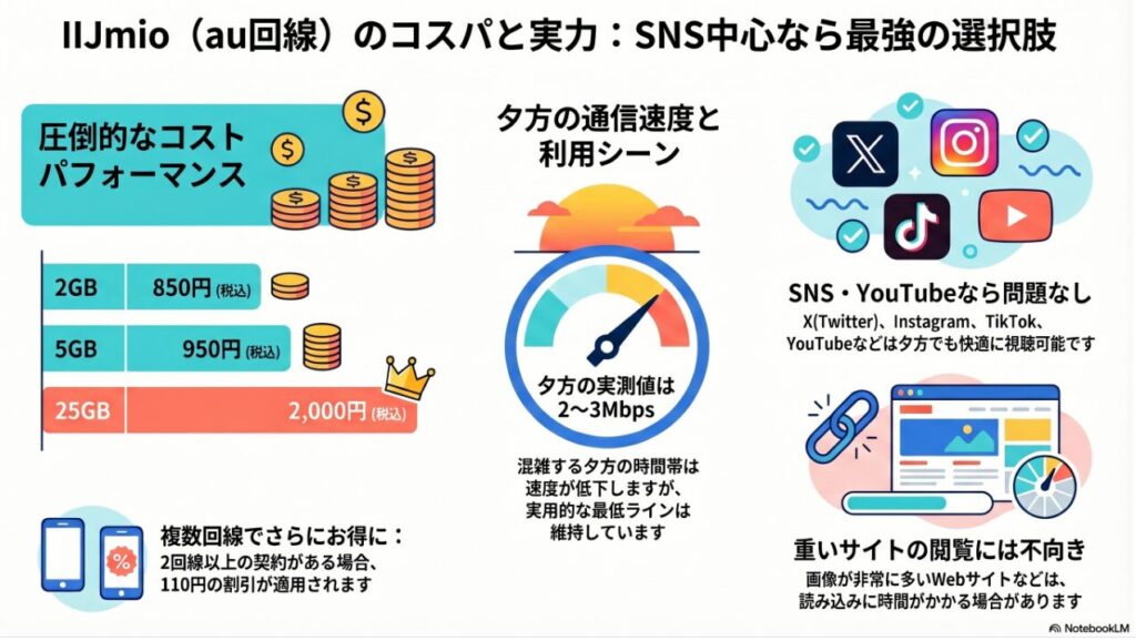 「IIJmio(au回線)のコスパと実力:SNS中心なら最強の選択肢」と題された、IIJmioのサービス特徴をまとめた解説図解です。料金の安さと、実測データに基づく利用シーン別の快適さが視覚的に分かりやすくまとめられています。
画像内の詳細なデータと構成は以下の通りです。
### 1. 圧倒的なコストパフォーマンス(月額料金例)
* **2GB**:850円(税込)
* **5GB**:950円(税込)
* **25GB**:2,000円(税込) ※王冠マークで強調
* **複数回線でさらにお得に**:2回線以上の契約がある場合、110円の割引が適用される旨が記載されています。
### 2. 夕方の通信速度と利用シーン
* **夕方の実測値は2〜3Mbps**:速度メーターのイラストとともに、混雑する夕方の時間帯は速度が低下するものの、実用的な最低ラインは維持していることが示されています。
### 3. アプリ・用途別の快適度
* **SNS・YouTubeなら問題なし**:X(Twitter)、Instagram、TikTok、YouTubeなどのアイコンが並び、これらは夕方でも快適に視聴可能であると解説されています。
* **重いサイトの閲覧には不向き**:画像が非常に多いWebサイトなどは、読み込みに時間がかかる場合があるという注意点が、読み込み中のブラウザ画面のイラストとともに記載されています。
低価格な料金設定を維持しつつ、混雑時間帯でもSNSや動画視聴といった主要な用途には十分対応できるという、実測に基づいたコスパの良さを強調する内容となっています。