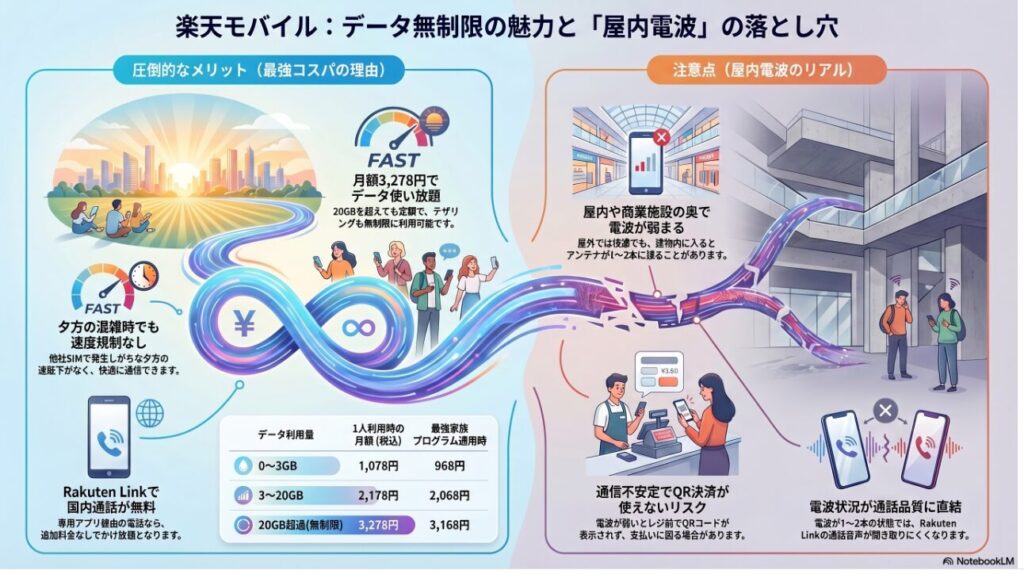 「楽天モバイル:データ無制限の魅力と『屋内電波』の落とし穴」と題された、楽天モバイルのメリットと注意点を対比させた解説図解です。
画像内の詳細なデータと構成は以下の通りです。
### 1. 圧倒的なメリット(最強コスパの理由)
* **データ使い放題**:月額3,278円で20GBを超えても定額、テザリングも無制限に利用可能です。
* **夕方の混雑時でも速度規制なし**:他社SIMで発生しがちな夕方の速度低下がなく、快適に通信できる点が強調されています。
* **Rakuten Linkで国内通話が無料**:専用アプリ経由の電話なら、追加料金なしでかけ放題となります。
**【データ利用量別料金表(税込)】**
| データ利用量 | 1人利用時の月額 | 最強家族プログラム適用時 |
| :--- | :--- | :--- |
| 0〜3GB | 1,078円 | 968円 |
| 3〜20GB | 2,178円 | 2,068円 |
| 20GB超過(無制限) | 3,278円 | 3,168円 |
### 2. 注意点(屋内電波のリアル)
* **屋内や商業施設の奥で電波が弱まる**:屋外では高速でも、建物内に入るとアンテナが1〜2本に減ることがあるという「屋内電波のリアル」が描かれています。
* **通信不安定でQR決済が使えないリスク**:電波が弱いとレジ前でQRコードが表示されず、支払いに困る場合があるという具体的なデメリットが示されています。
* **電波状況が通話品質に直結**:電波が1〜2本の状態では、Rakuten Linkの通話音声が聞き取りにくくなるリスクが説明されています。
無制限通信と低価格という強力なメリットがある一方で、場所(特に屋内)によって通信品質が左右されるという、一次情報に基づいた実態を視覚的にまとめた内容です。