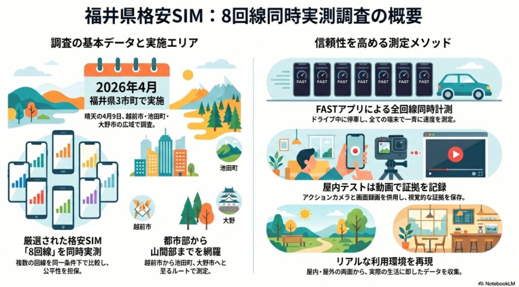 福井県格安SIM：8回線同時実測調査の概要図。調査の基本データとして、2026年4月9日に福井県3市町（越前市、池田町、大野市）の都市部から山間部までを網羅して実施されたことが示されています。測定メソッドには、信頼性を高めるためにFASTアプリによる全8回線の同時計測、アクションカメラや画面録画を用いた動画による屋内テストの証拠記録、屋内・屋外の両面でリアルな利用環境を再現したデータ収集が含まれていることを説明するインフォグラフィック。