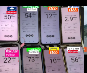 2026年4月、福井県池田町の「まちの駅 こってコテいけだ」施設内にて実施された、格安SIM・主要回線の通信速度詳細計測データ。時刻11:51、FAST.comを用いた測定結果の詳細。左端のRakuten（4G）は下り48Mbps、上り35Mbps、レイテンシ46ms。上段のMVNO各社は、日本通信SIM（ドコモ回線）が下り21Mbps、mineoマイピタ（ソフトバンク回線）が下り39Mbps・上り36Mbps、mineoマイピタ（au回線）が下り28Mbps・上り40Mbps、IIJmio（au回線）が下り25Mbps・上り28Mbps。下段のメインブランド・サブブランドは、LINEMO（ソフトバンク回線・4G）が下り41Mbps・上り31Mbps、povo2.0（au回線・4G）が下り37Mbps・上り55Mbps、ahamo（ドコモ回線・4G）が下り22Mbps・上り1.2Mbpsを記録。屋内利用においても全回線が実用的な速度を維持していることを示す一次情報の証拠画像。