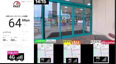 建物の入り口付近で14時15分に計測された、モバイル回線4社（Rakuten、LINEMO、povo、ahamo）の通信速度比較データです。

各社の計測結果とネットワーク状況は以下の通りです。
* **Rakuten (Rakuten回線):** 4G接続で、下り64Mbps。レイテンシはアンロード時39ms、ロード時352msを記録しています。
* **LINEMO (SoftBank回線):** 5G接続を確認。
* **povo (au回線):** 4G接続を確認。
* **ahamo (docomo回線):** 4G接続を確認。

背景には商業施設のガラス扉の入り口が映っており、屋内への入り口付近という環境下で、Rakutenモバイルが4G接続ながら下り64Mbpsという実用的な速度を維持していることを示す一次情報データ画像です。