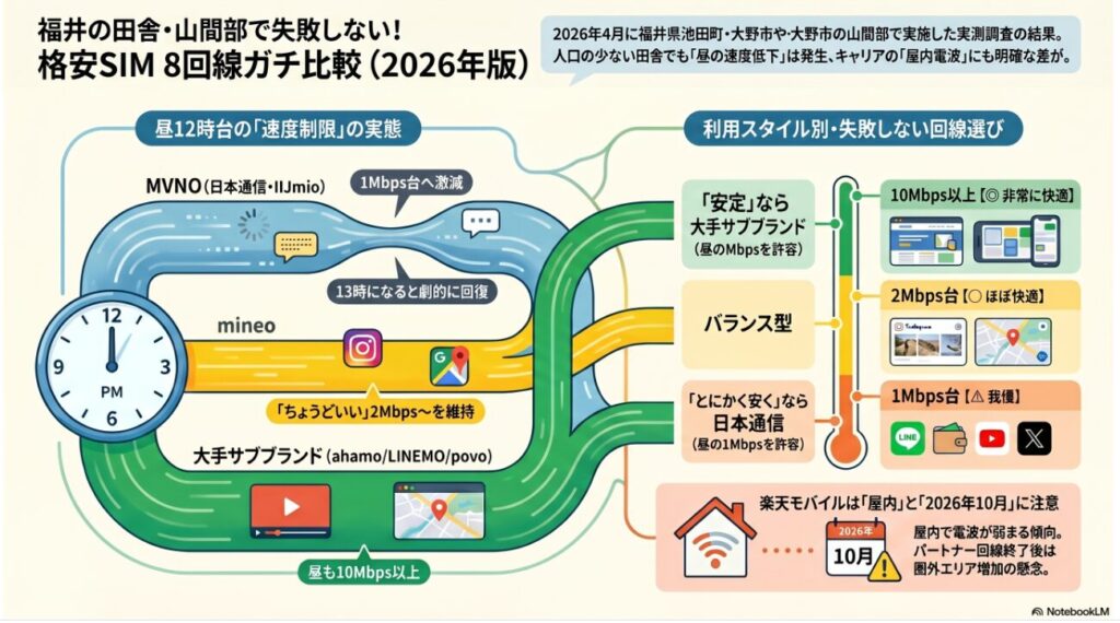 福井県の田舎・山間部（池田町・大野市）で2026年4月に実施した格安SIM8回線の通信速度比較インフォグラフィック。

左側には「昼12時台の速度制限の実態」がルートマップ形式で描かれており、MVNO（日本通信・IIJmio）は昼に1Mbps台へ激減し13時に回復する様子、mineoは「ちょうどいい」2Mbps〜を維持する様子、大手サブブランド（ahamo/LINEMO/povo）は昼も10Mbps以上を維持する様子が示されています。

右側には「利用スタイル別・失敗しない回線選び」として、速度の目安がサーモメーター状のグラフで表現されています。
・10Mbps以上（非常に快適）：大手サブブランド（安定重視）
・2Mbps台（ほぼ快適）：バランス型
・1Mbps台（我慢が必要）：日本通信（安さ重視、昼の1Mbpsを許容できる場合）

右下には楽天モバイルに関する注意点として、屋内での電波の弱さや、2026年10月のパートナー回線終了後の圏外エリア増加への懸念が記載されています。