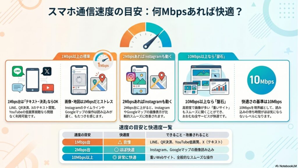 アップロードいただいた画像の情報を詳細に反映した、ブログ用の代替テキストです。

スマホ通信速度の目安を示すインフォグラフィック。速度ごとの快適度と利用可能なサービスが解説されています。1Mbps台は「我慢」が必要なレベルで、LINEやQR決済、YouTubeの低画質視聴、Xのテキスト閲覧には対応しますが、InstagramのタイムラインやGoogleマップの操作は読み込みが遅くストレスを感じます。2Mbps台になると「ほぼ快適」となり、InstagramやGoogleマップの画像表示が比較的スムーズに改善されます。10Mbps以上は「非常に快適（盤石）」で、高密度で画像が多い重いWebサイトもスムーズに開き、読み込みの待ち時間がほぼ気にならないレベルになります。快適さの基準を10Mbpsの境界線として定義しています。