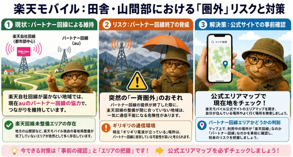 楽天モバイルの田舎・山間部における「圏外」リスクと対策を解説したインフォグラフィック。

1. 現状：パートナー回線による維持
楽天自社回線が届かない地方の山間部などは、auのパートナー回線によって辛うじて電波が繋がる状態が維持されています。独自基局の整備が未完了なエリアが依然として多く存在している現状が示されています。

2. リスク：パートナー回線終了の脅威
パートナー回線の提供が終了した際、楽天回線の整備が間に合っていない地域では、突然「一斉圏外」になり通信不能になる危険性があります。現在「ギリギリ電波が立っている」場所は、パートナー回線に依存している可能性が高いと警鐘を鳴らしています。

3. 解決策：公式サイトでの事前確認
楽天モバイル公式サイトのエリアマップを活用し、住んでいる場所やよく行く場所が「楽天回線」なのか「パートナー回線」なのかを早めに判別して、将来のリスクを把握することを推奨しています。