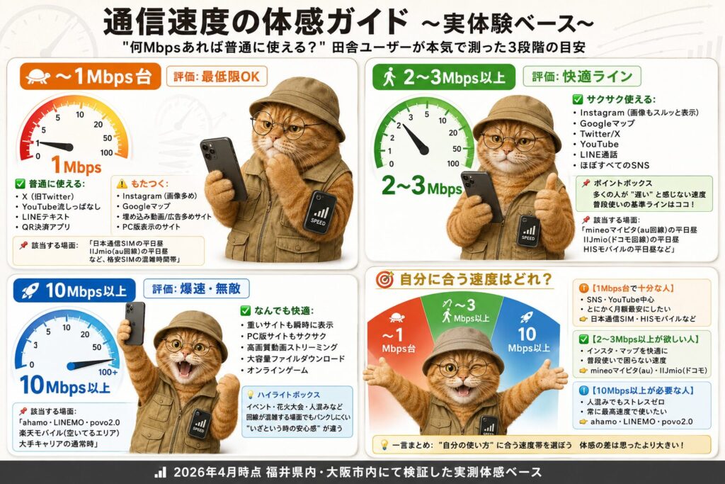 通信速度の体感ガイドのインフォグラフィック。2026年4月時点、福井県内・大阪市内での実測値を基にした3段階の目安が示されています。

1段目左：～1Mbps台（最低限OK）。スピードメーターは1Mbpsを指し、X（旧Twitter）、YouTubeの聞き流し、LINEテキスト、QR決済は普通に使えるが、画像多めのInstagramやGoogleマップ、広告の多いサイトはもたつくと説明。該当場面は日本通信SIMやIIJmio（au回線）の平日昼など。

1段目右：2～3Mbps以上（快適ライン）。スピードメーターは3Mbps付近。Instagram、Googleマップ、YouTube、LINE通話など、ほぼ全てのSNSがサクサク使え、多くの人が「遅い」と感じない普段使いの基準ライン。該当場面はmineoマイピタ（au回線）やHISモバイルの平日昼など。

2段目左：10Mbps以上（爆速・無敵）。スピードメーターは振り切れた状態。重いサイト、PC版サイト、高画質動画、大容量ダウンロード、オンラインゲームも快適。イベントや花火大会など回線が混雑する場所でもパンクしにくい安心感があると解説。該当場面はahamo、LINEMO、povo2.0、楽天モバイル、大手キャリアの通常時。

2段目右：自分に合う速度の選び方。SNS中心なら～1Mbps台、インスタやマップを快適に使うなら2～3Mbps以上、ストレスゼロを求めるなら10Mbps以上を推奨。自分の使い方に合う速度帯を選ぶことが重要であるとまとめています。
