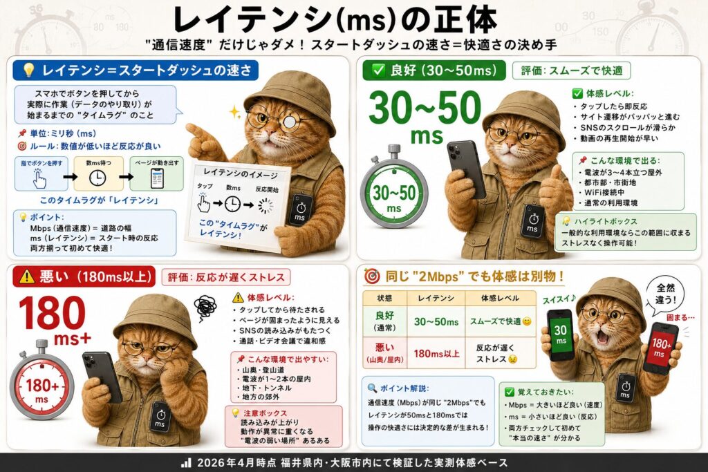 レイテンシ（ms）の正体と、体感速度への影響を解説したインフォグラフィック。2026年4月時点の福井県内・大阪市内での検証に基づく実測データが示されています。

1段目左：レイテンシ（スタートダッシュの速さ）の定義。スマホでボタンを押してからデータ通信が始まるまでの「タイムラグ」を指し、単位はミリ秒（ms）。数値が低いほど反応が良い。通信速度（Mbps）を道路の幅、レイテンシ（ms）をスタート時の反応に例えて解説しています。

1段目右：良好な状態（30〜50ms）。評価は「スムーズで快適」。タップして即反応し、サイト遷移やSNSスクロール、動画再生の開始が早い。電波が3〜4本立つ屋外、都市部・市街地、WiFi接続中などの通常の利用環境で出やすい数値です。

2段目左：悪い状態（180ms以上）。評価は「反応が遅くストレス」。タップしてから待たされ、ページが固まったように見えたり、ビデオ会議で違和感が生じたりする。山奥・登山道、電波が1〜2本の屋内、地下・トンネル、地方の郊外など「電波の弱い場所」で発生しやすい数値です。

2段目右：同じ通信速度（2Mbps）での比較表。良好な「30〜50ms」ではスイスイとスムーズに動作するが、悪い「180ms以上」では反応が遅くストレスを感じる。通信速度（Mbps）は大きいほど良く、レイテンシ（ms）は小さいほど良いという両方の指標をチェックして初めて「本当の速さ」が分かると結論付けています。