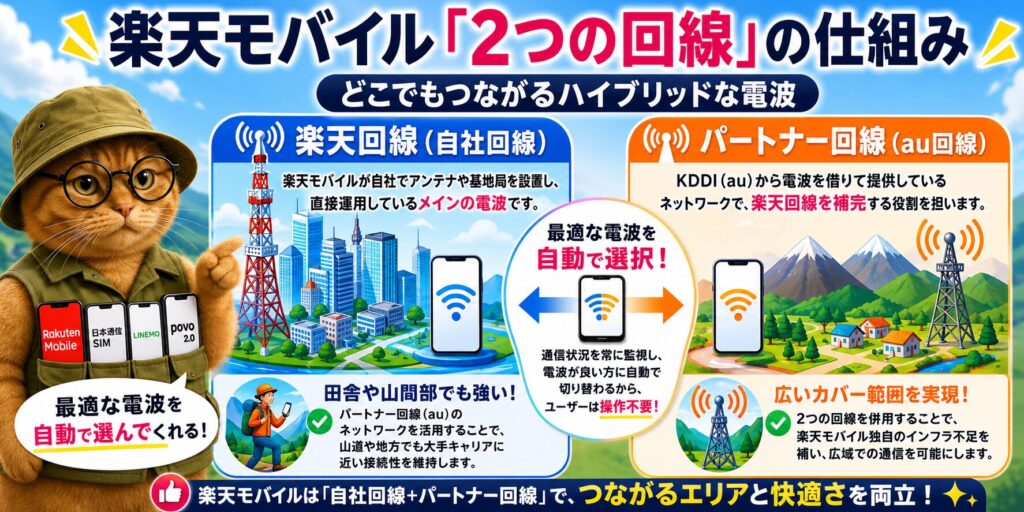 楽天モバイルの「2つの回線」の仕組みを解説するインフォグラフィック。左側には「楽天回線（自前整備）」として、自社で設置した基地局により都市部を中心に展開するメインの電波が示されています。右側には「パートナー回線（au回線）」として、KDDIから電波を借りて楽天回線を補完する役割が説明されており、田舎や山間部でも大手キャリアに近い接続性を維持できることが強調されています。中央では、電波状況に応じてこれら2つの回線が自動で切り替わる仕組みが図解されており、楽天モバイル独自のインフラ不足を補いながら広域での通信を可能にしている様子が描かれています。