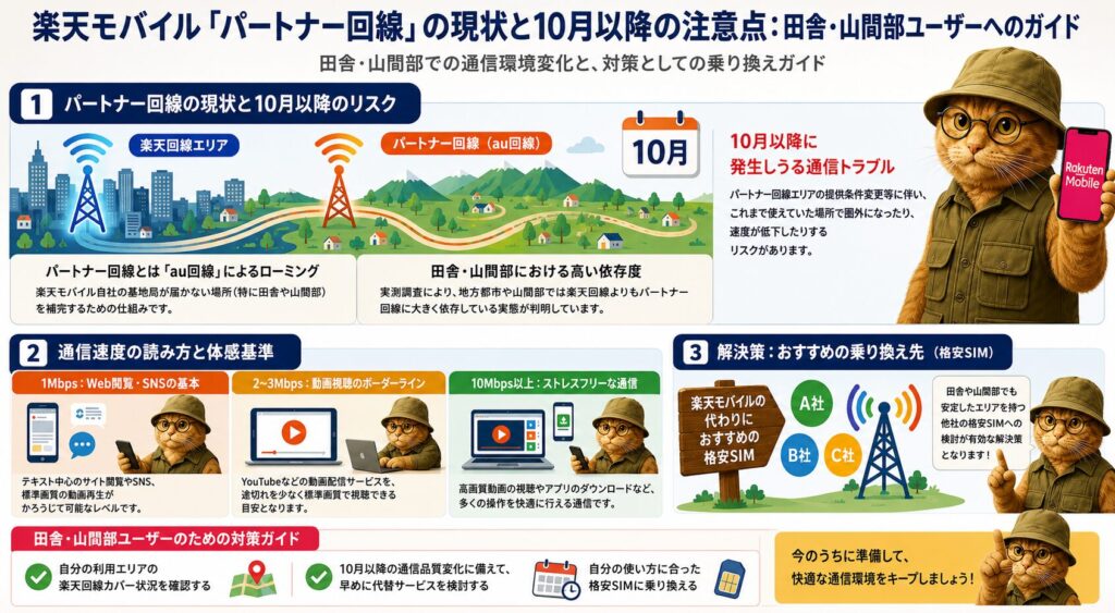 楽天モバイルの「パートナー回線」の現状と10月以降の注意点を解説するインフォグラフィック。

1. パートナー回線の現状と10月以降のリスク：
楽天自社基地局が届かない田舎や山間部をau回線で補完する仕組みだが、実測調査により地方ではパートナー回線への依存度が高いことが判明。10月以降の提供条件変更に伴い、圏外や速度低下のトラブルが懸念される。

2. 通信速度の読み方と体感基準：
実測データに基づく体感の目安として、1MbpsはWeb閲覧やSNSの基本（テキスト中心や標準画質動画が辛うじて可能）、2〜3Mbpsは動画視聴のボーダーライン（YouTube等を途切れ少なく標準画質で視聴可能）、10Mbps以上はストレスフリーな通信（高画質動画やアプリダウンロードも快適）と定義されている。

3. 解決策：おすすめの乗り換え先（格安SIM）：
通信品質に不安がある場合、田舎や山間部でも安定したエリアを持つ他社の格安SIMへの検討が有効な解決策として示されている。
