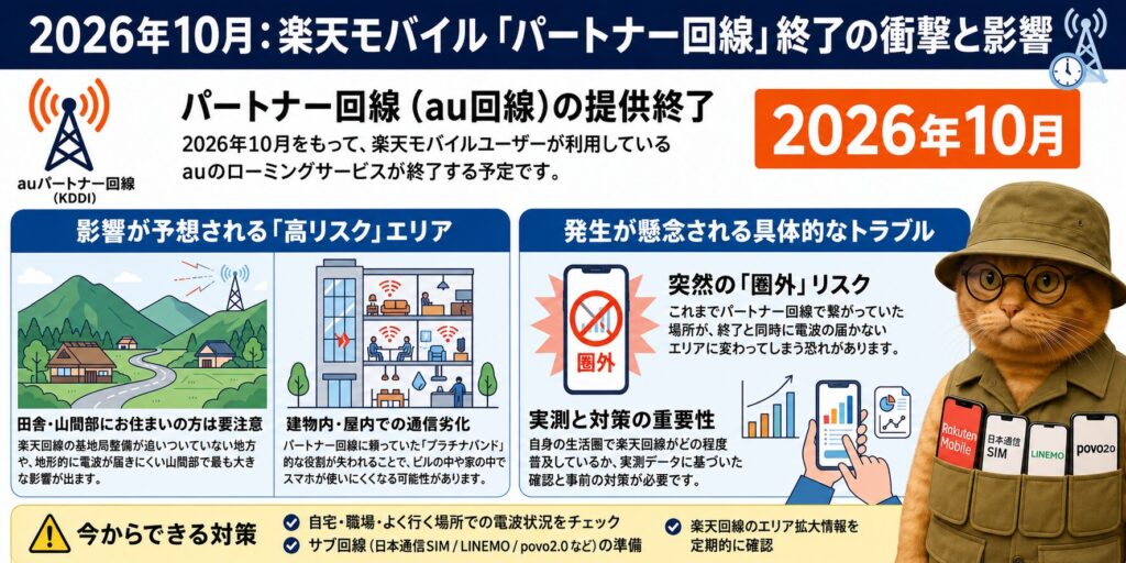2026年10月の楽天モバイル「パートナー回線」提供終了の影響を解説するインフォグラフィック。上部には「2026年10月をもって、auのローミングサービスが終了予定」と記載されています。左側には「高リスクエリア」として、楽天自社の基地局整備が不十分な「田舎・山間部」や、プラチナバンドの役割が失われることによる「建物内・屋内」での通信劣化が挙げられています。右側には「具体的なトラブル」として、突然の圏外リスクや、実測データに基づいた事前の対策と重要性が示されています。