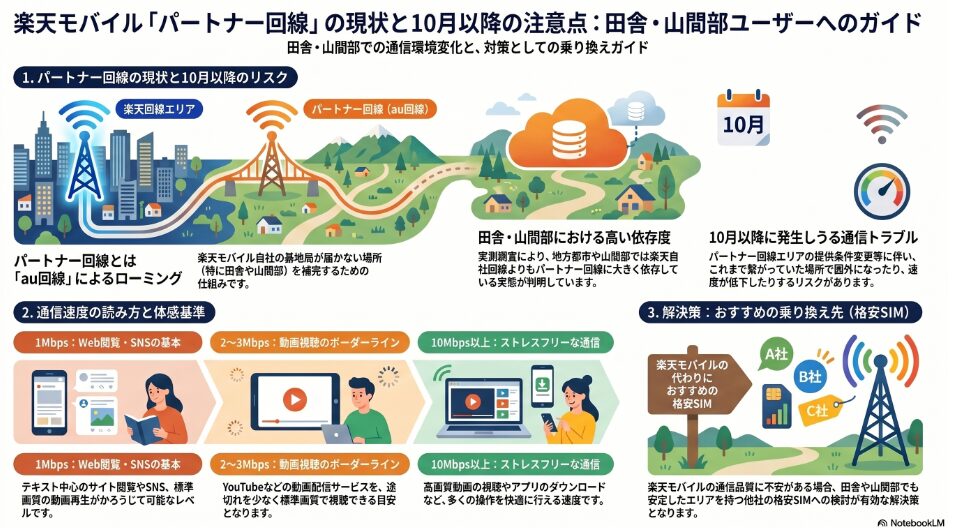 楽天モバイルの「パートナー回線」の現状と10月以降の注意点を解説するインフォグラフィック。

1. パートナー回線の現状と10月以降のリスク：
楽天自社基地局が届かない田舎や山間部をau回線で補完する仕組みだが、実測調査により地方ではパートナー回線への依存度が高いことが判明。10月以降の提供条件変更に伴い、圏外や速度低下のトラブルが懸念される。

2. 通信速度の読み方と体感基準：
実測データに基づく体感の目安として、1MbpsはWeb閲覧やSNSの基本（テキスト中心や標準画質動画が辛うじて可能）、2〜3Mbpsは動画視聴のボーダーライン（YouTube等を途切れ少なく標準画質で視聴可能）、10Mbps以上はストレスフリーな通信（高画質動画やアプリダウンロードも快適）と定義されている。

3. 解決策：おすすめの乗り換え先（格安SIM）：
通信品質に不安がある場合、田舎や山間部でも安定したエリアを持つ他社の格安SIMへの検討が有効な解決策として示されている。