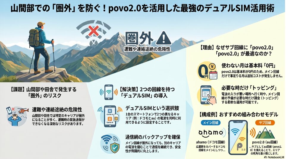 山間部での「圏外」を防ぐためのpovo2.0を活用した最強のデュアルSIM活用術の解説図。山間部や田舎で特定のキャリアが圏外になり、遭難や連絡途絶の危険性があるという課題に対し、1台のスマホで2つの異なるキャリア（例：ドコモとau）の電波を同時に利用できる「デュアルSIM」の導入を解決策として提示しています。サブ回線にpovo2.0が最適な理由として、使わない月は基本料「0円」で追加コストが発生しないこと、必要な時だけ「トッピング」で課金できる柔軟な運用が可能であることを挙げています。具体的な構成例として、広範囲をカバーするahamo（ドコモ回線）をメインにし、サブとしてau回線のpovo2.0を備えることで、エリアの死角を最小限にする組み合わせモデルを紹介しています。