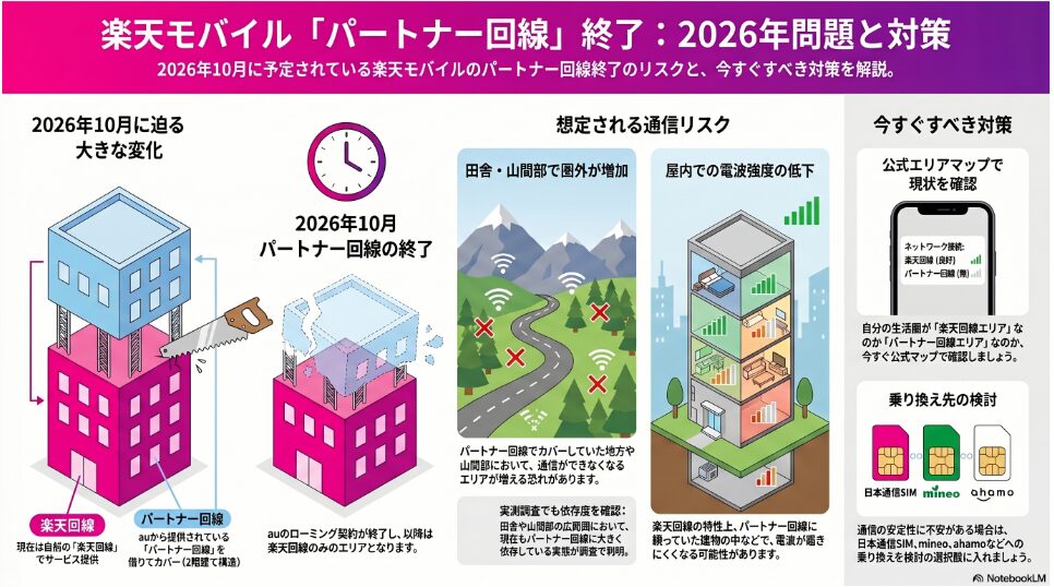 楽天モバイル「パートナー回線」終了：2026年問題と対策の解説図。2026年10月に予定されているauローミング契約の終了に伴うリスクと対策を説明しています。現状は自前の「楽天回線」をベースにauから提供される「パートナー回線」でカバーする2階建て構造ですが、終了後は楽天回線のみのエリアとなります。想定される通信リスクとして、パートナー回線でカバーしていた地方や山間部での圏外増加、および楽天回線の特性上、屋内での電波強度の低下が挙げられています。実測調査でも、依然として多くの場所でパートナー回線に依存している実態が判明しています。今すぐすべき対策として、公式エリアマップで「楽天回線エリア」か「パートナー回線エリア」か現状を確認することや、通信の安定性に不安がある場合の乗り換え先（日本通信SIM、mineo、ahamoなど）の検討を推奨しています。