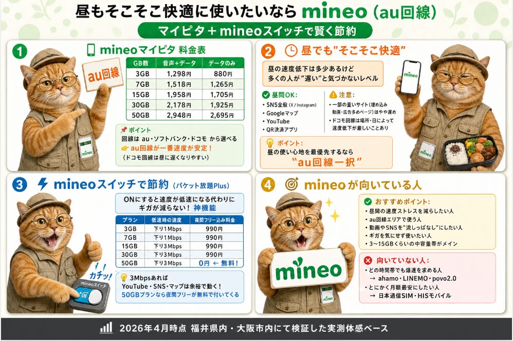 mineo（au回線）の魅力を解説するインフォグラフィック。「昼もそこそこ快適に使いたいならmineo（au回線） マイピタ＋mineoスイッチで賢く節約」というタイトルで、4つのポイントを説明しています。

1. mineoマイピタ料金表：au回線のプラン料金が示されており、3GB（音声+データ：1,298円、データのみ：880円）から50GB（音声+データ：2,948円、データのみ：2,695円）までの5段階の月額料金が詳細に記載されています。ポイントとして、au・ソフトバンク・ドコモ回線から選べるが、au回線が一番速度が安定している（ドコモ回線は昼に遅くなりやすい）と解説されています。

2. 昼でも“そこそこ快適”：昼の速度低下はあるものの、多くの人が「遅い」と気づかないレベルであると説明。昼間OKなものとしてSNS全般、Googleマップ、YouTube、QR決済アプリが挙げられ、注意点として一部の重いサイトや、ドコモ回線は場所・日によって低下が厳しいことが記されています。「昼の使い心地を最優先するならau回線一択」と強調されています。

3. mineoスイッチで節約（パケット放題Plus）：スイッチをONにすると速度が低速になる代わりにギガが減らない機能を紹介。プランごとの低速時の速度は3GB・7GBが下り1Mbps、15GB以上が下り3Mbps。夜間フリー込み料金は990円ですが、50GBプランなら0円（無料）になります。3MbpsあればYouTubeやSNSは余裕で動くという解説付きです。

4. mineoが向いている人・いない人：向いている人は「昼間の速度ストレスを減らしたい人」「動画やSNSを流しっぱなしにしたい人」など。向いていない人は「どの時間帯でも爆速を求める人（ahamo・LINEMO・povo2.0推奨）」や「とにかく月額最安にしたい人（日本通信SIM・HISモバイル推奨）」とされています。

下部には「2026年4月時点 福井県内・大阪市内にて検証した実測体感ベース」である旨が明記されています。