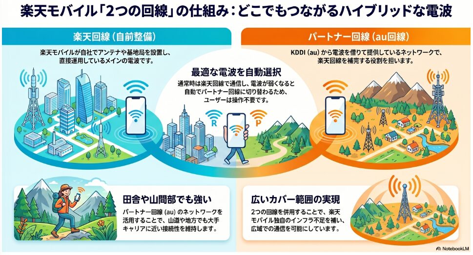 楽天モバイルの「2つの回線」の仕組みを解説するインフォグラフィック。左側には「楽天回線（自前整備）」として、自社で設置した基地局により都市部を中心に展開するメインの電波が示されています。右側には「パートナー回線（au回線）」として、KDDIから電波を借りて楽天回線を補完する役割が説明されており、田舎や山間部でも大手キャリアに近い接続性を維持できることが強調されています。中央では、電波状況に応じてこれら2つの回線が自動で切り替わる仕組みが図解されており、楽天モバイル独自のインフラ不足を補いながら広域での通信を可能にしている様子が描かれています。