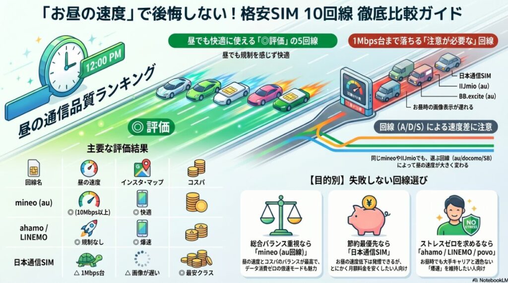 格安SIM 10回線の「お昼の速度」徹底比較ガイド。昼12時台の通信品質を道路の混雑状況に例え、昼でも規制を感じず快適な「◎評価」の5回線と、1Mbps台まで落ちる「注意が必要な」回線を可視化しています。主要な評価結果の表では、実測値に基づき、mineo（au回線）が「10Mbps以上」でインスタ・マップも快適、ahamoやLINEMOは「速度規制なし」で爆速、一方で日本通信SIMは「1Mbps台」に低下し画像の読み込みが遅いという具体的な数値と体感が示されています。また、目的別の選び方として、総合バランス重視ならmineo（au回線）、節約最優先なら日本通信SIM、ストレスゼロの爆速維持ならahamo・LINEMO・povoといった推奨ルートがまとめられています。